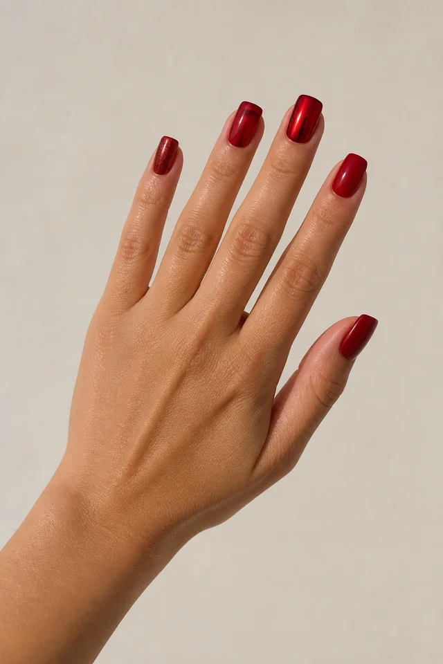 soft rose red aura nails on a light hand in soft daylight