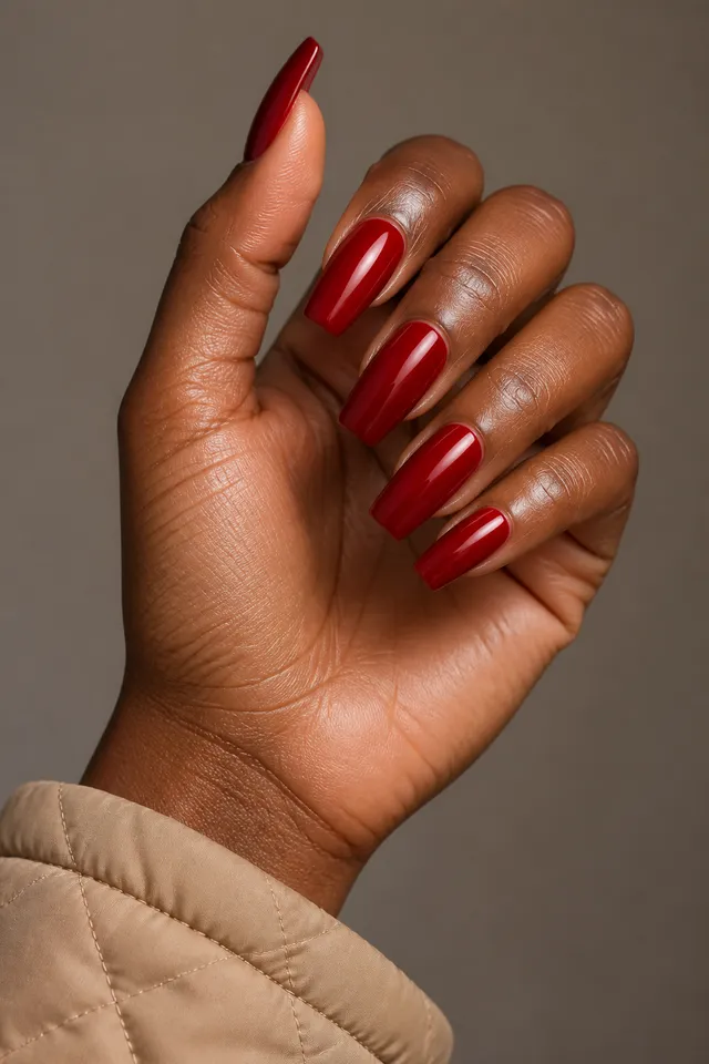 soft red contrast manicure on a warm brown hand in natural daylight