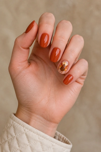 Terracotta turkey accent on short oval nails with glossy finish, relaxed diagonal hand pose, fair skin tone
