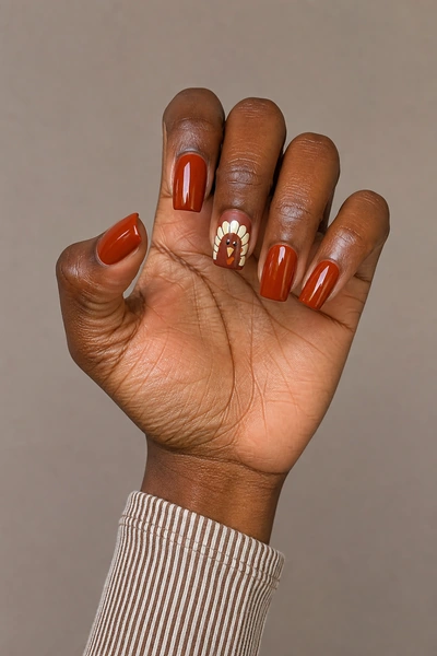 Muted sage square turkey accent manicure with glossy finish, relaxed five finger hand pose, light olive skin tone