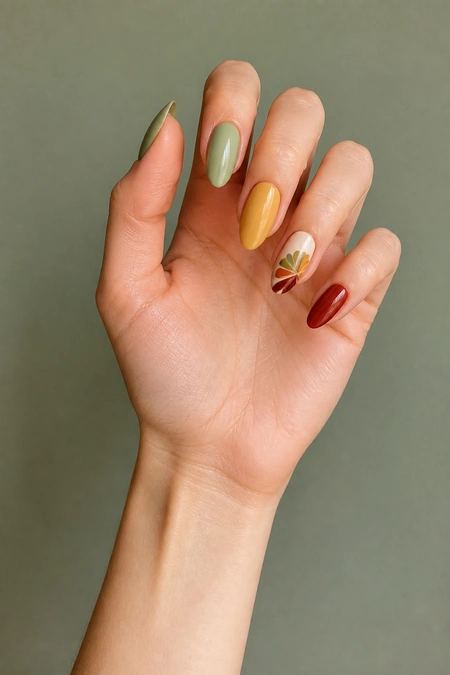 Warm caramel almond nails with turkey feather fan accent, soft glossy finish and raised wrist pose, deep brown skin tone