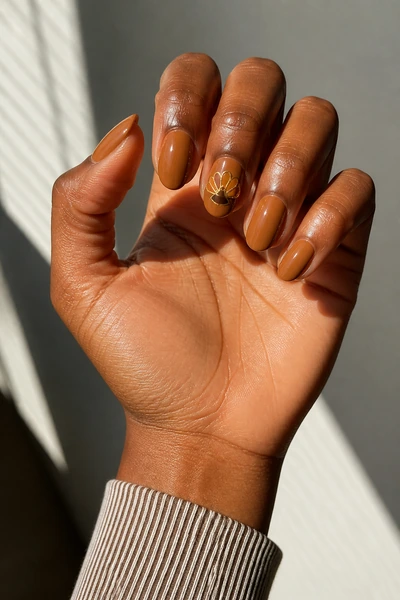 Caramel oval nails with tiny turkey and gold detail, glossy diagonal hand pose, fair skin tone
