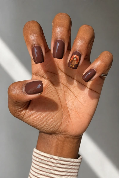Short chocolate brown square turkey accent nails with glossy finish, relaxed five finger pose, warm deep skin tone