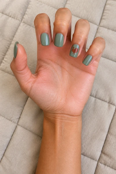 Sage square turkey silhouette accent on short nails with glossy finish, relaxed hand pose, light olive skin tone