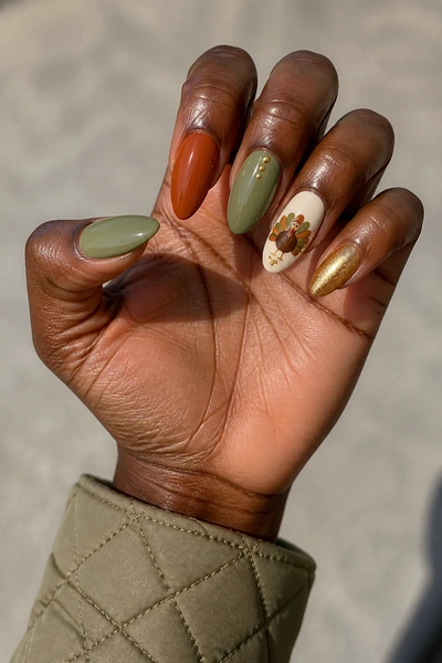 Deep brown coffin nails with illustrated turkey accent, glossy hand angled toward daylight, medium skin tone