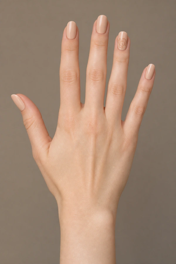 Warm nude nails with minimalist turkey line art on short square shape, relaxed hand pose, light olive skin tone