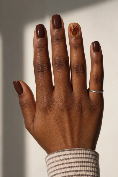 Short chocolate square turkey accent design with glossy finish, relaxed five finger hand pose, warm deep skin tone
