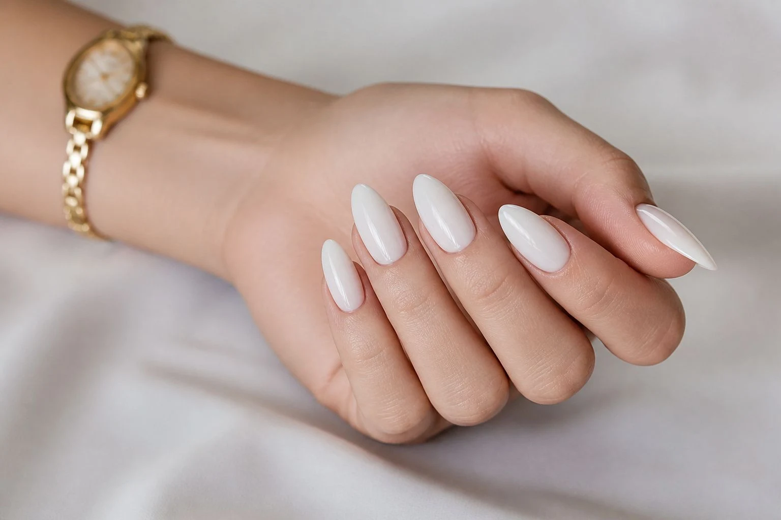 Milky white almond Christmas nails with a slim gold watch, relaxed lap pose
