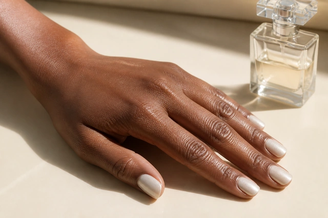 Soft White Shimmer white Christmas nails