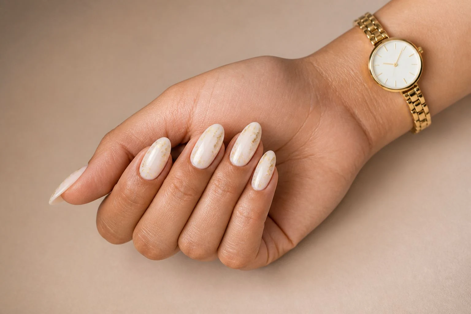 White nails with subtle gold foil in a relaxed lap pose with a delicate gold watch