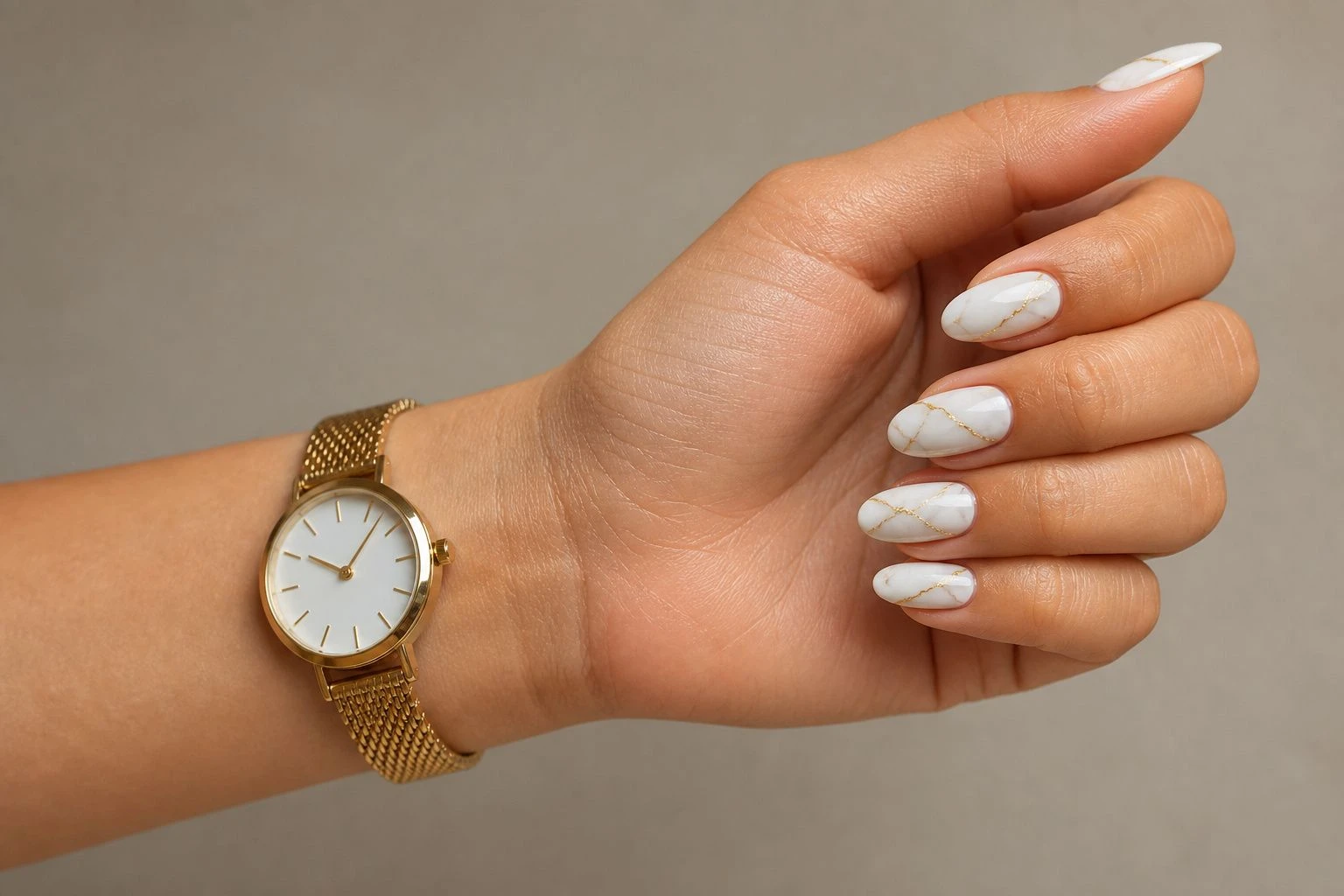 White and Gold Marble white Christmas nails