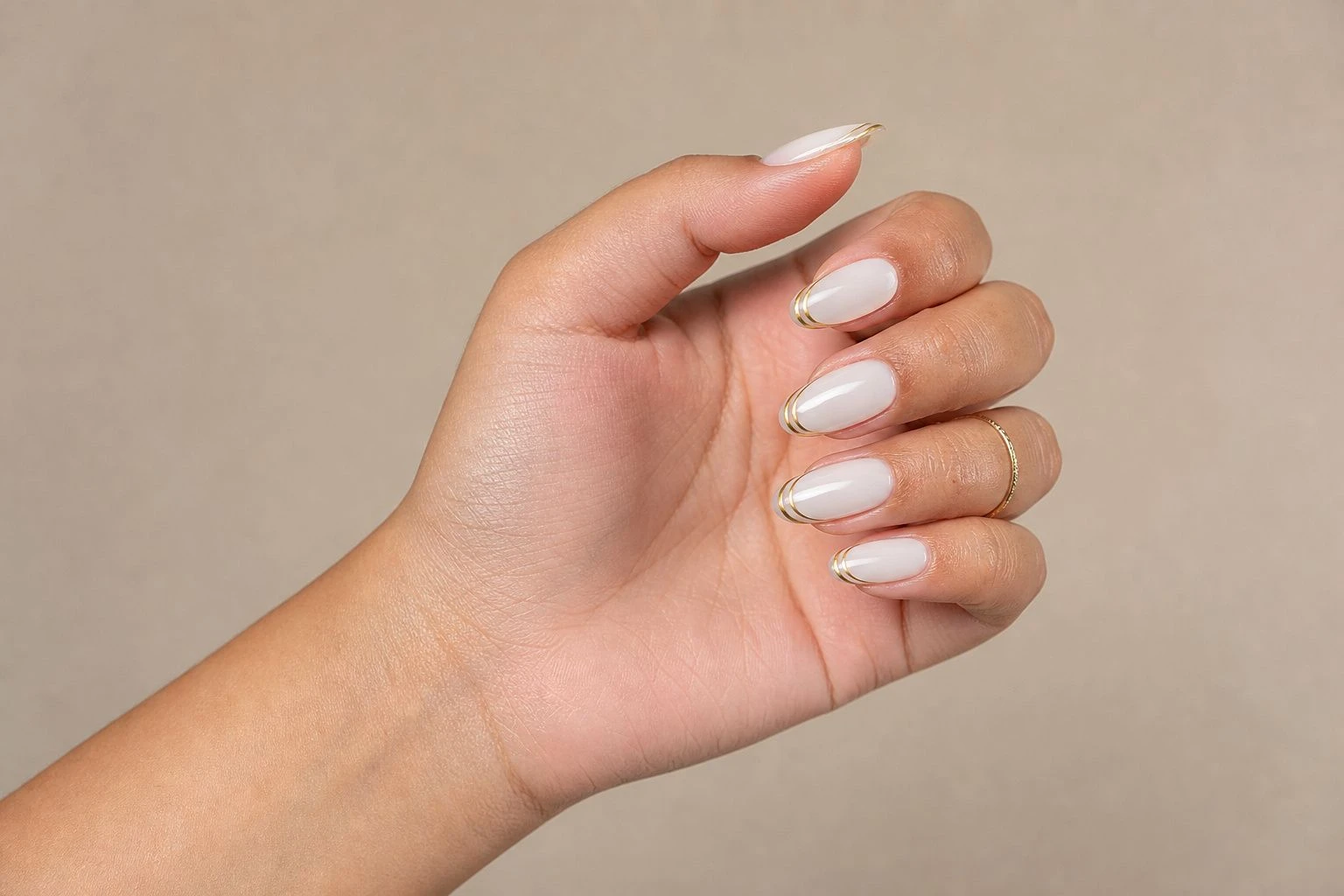 White Micro French With Gold Line white Christmas nails