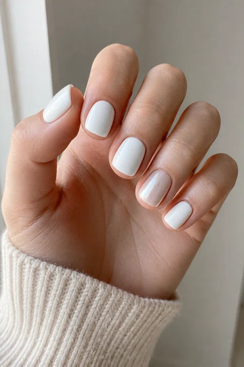 Crisp glossy porcelain white short rounded-square nails with a sheer pearl accent on a fair skin tone, shown on one relaxed hand with a cream knit cuff and connected short wrist