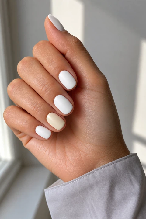 Soft matte snow white short oval nails with a satin ivory accent on a light olive skin tone, shown on one softly curled hand with a pale grey cuff and connected short wrist