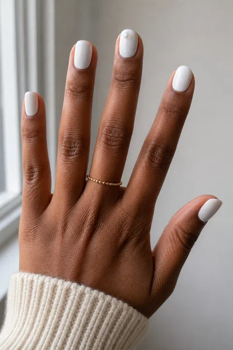 Soft matte snow white short rounded-square nails with a glossy pearl accent on a deep brown skin tone, shown on one upright fan hand with a cream knit cuff and connected short wrist