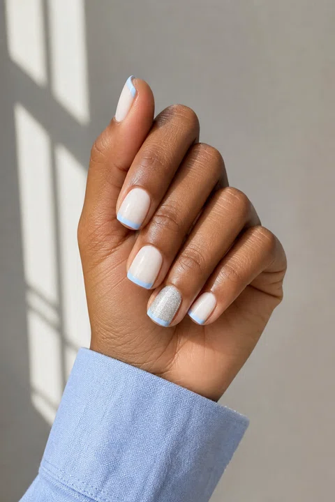 Creamy white short squoval nails with icy blue French tips and a silver accent on a medium-deep brown skin tone, shown on one relaxed hand with a pale blue cuff and connected short wrist