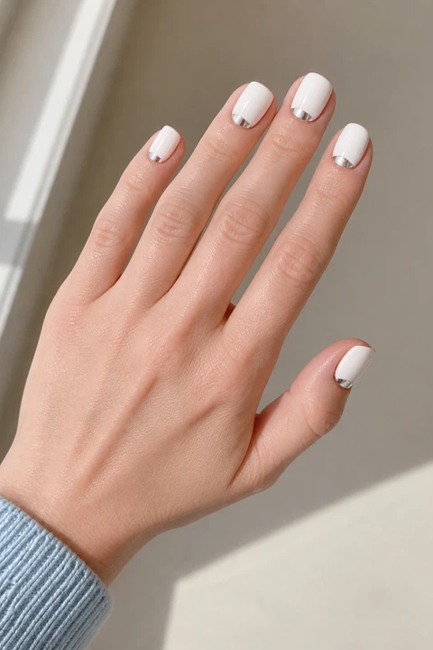 Opaque glossy white short rounded-square nails with a silver half-moon accent on a fair skin tone, shown on one palm-down relaxed hand with a pale blue cuff and connected short wrist