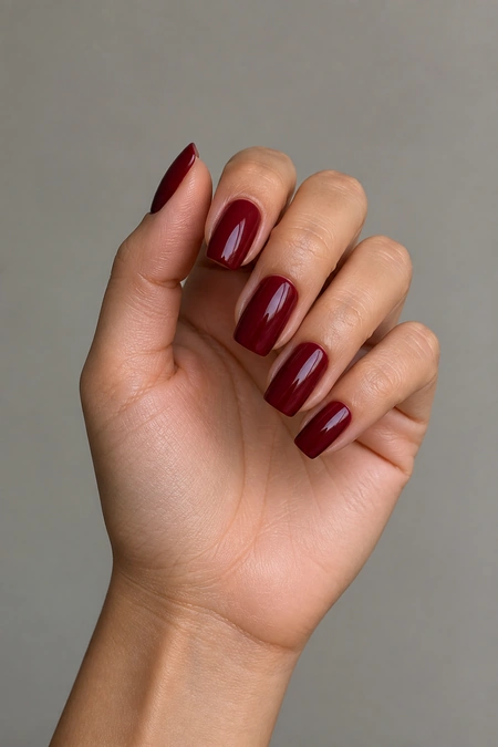 Glossy burgundy acrylic square nails on a softly curled hand pose with visible wrist, medium skin tone, natural daylight