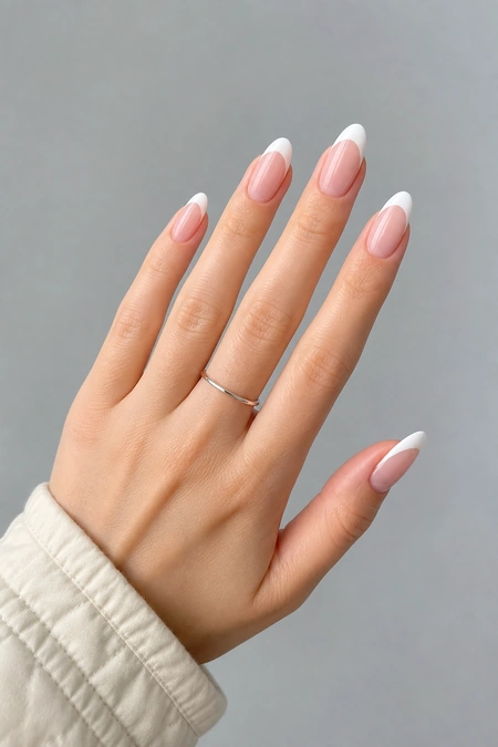 Winter white acrylic French tips on almond nails in a relaxed side-angled hand pose with visible wrist, fair skin tone, soft daylight