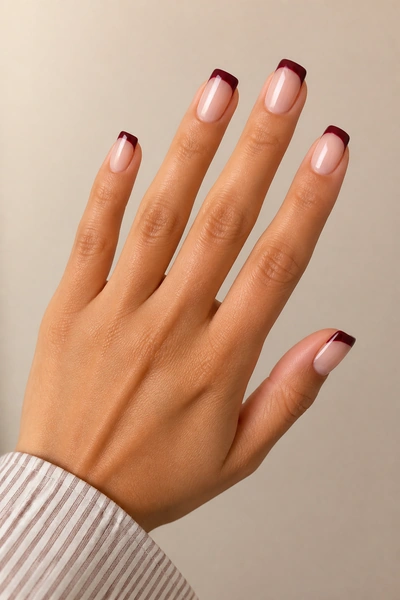 Burgundy acrylic French tips on nude square nails in a relaxed open-finger hand pose with visible wrist, tan skin tone, soft window light