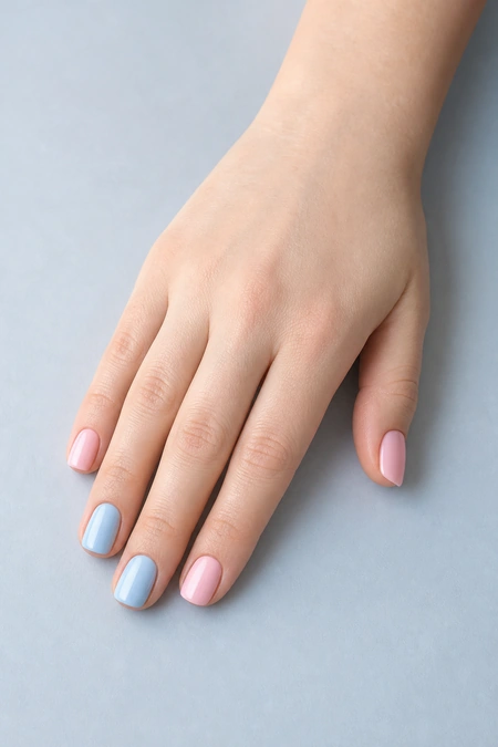Short blush and icy blue acrylic nails with glossy finish on a fingertip-rest pose with visible wrist, fair skin tone, natural window light