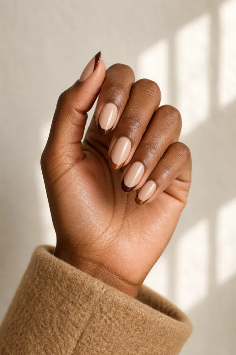 Glossy warm beige short almond nails with alternating chocolate brown and copper French tips on medium-deep rich brown skin, shown on one upright softly curved hand with a camel wool cuff and connected short wrist