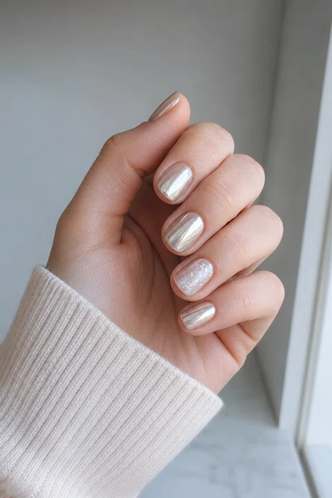 Sheer icy nude nails with mirror silver chrome and a snow shimmer accent on a fair skin tone, shown on one relaxed hand with a pale knit cuff and connected short wrist