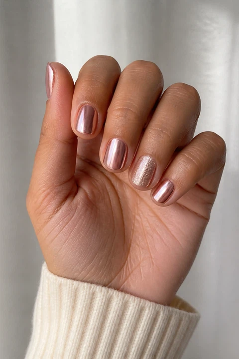 Rose chrome short rounded nails with a champagne shimmer accent on a medium skin tone, shown on one softly curled hand with a cream cuff and connected short wrist
