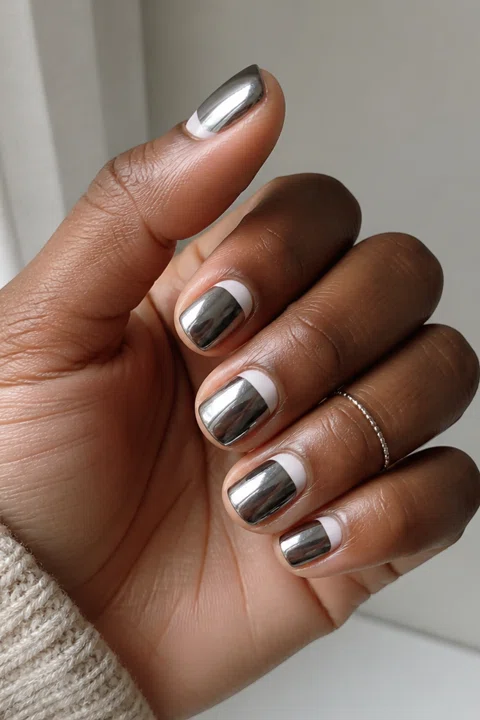 Gunmetal chrome short rounded-square nails with ivory half-moon accents on a deep brown skin tone, shown on one palm-up hand with an oatmeal cuff and connected short wrist