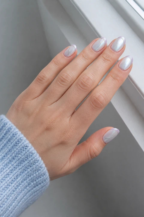 Pearl white chrome short almond nails with pale lilac and silver line accents on a fair skin tone, shown on one palm-down hand with a blue knit cuff and connected short wrist