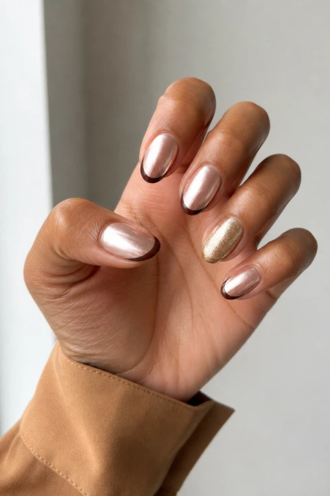 Champagne chrome short almond nails with cocoa French edges and a warm gold shimmer accent on a medium warm brown skin tone, shown on one tilted hand with a camel cuff and connected short wrist