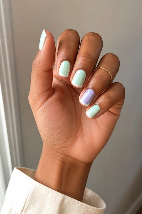 Icy mint chrome short squoval nails with pearl white French tips and a lilac accent on a medium-deep brown skin tone, shown on one upright hand with a cream shirt cuff and connected short wrist