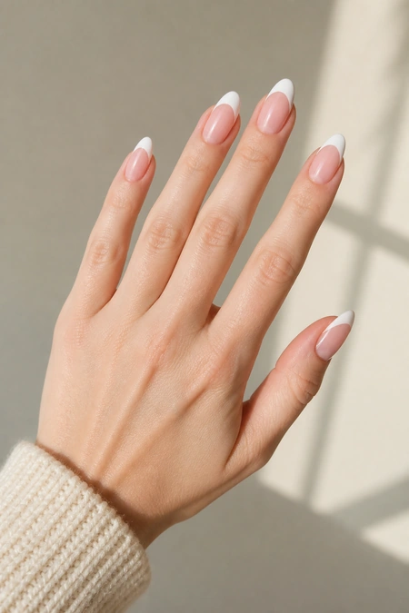 Soft white French tip nails on a fair skin tone hand in a relaxed open fan pose with visible wrist and short partial forearm, natural daylight