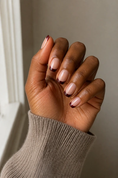 Black cherry French tip nails on a deep brown skin tone hand in a lightly crossed fingertip pose with visible wrist and short partial forearm, natural daylight