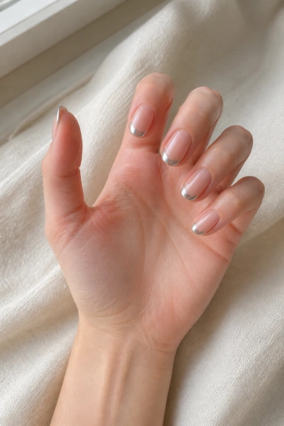 Fine silver French tip nails on a fair skin tone hand in an open palm angle with visible wrist and short partial forearm, natural daylight