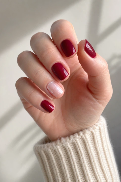 Glossy deep cranberry gel short rounded-square nails with one sheer pearl accent on a fair skin tone, shown on one softly curled hand with a cream knit cuff and connected short wrist