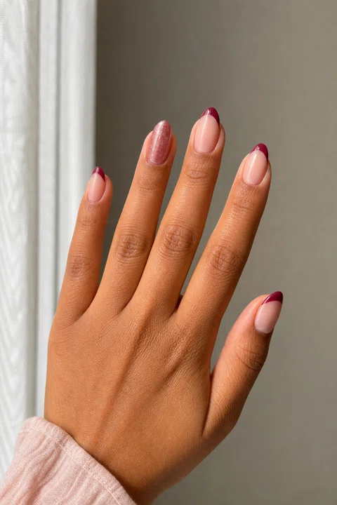 Sheer nude gel short almond nails with rich berry French tips and one shimmer accent on a medium warm brown skin tone, shown on one upright fan hand with a blush cuff and connected short wrist