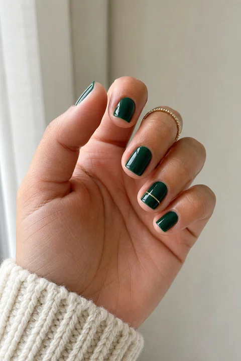 Glossy forest green gel short rounded-square nails with a gold micro-line accent on a light olive skin tone, shown on one upright fan hand with a cream knit cuff and connected short wrist