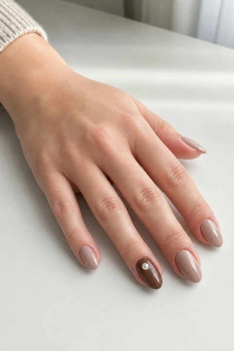 Glossy creamy taupe gel short almond nails with one chocolate-brown accent and a tiny pearl detail on a fair skin tone, shown on one palm-down fingertip-rest hand with an oatmeal cuff and connected short wrist