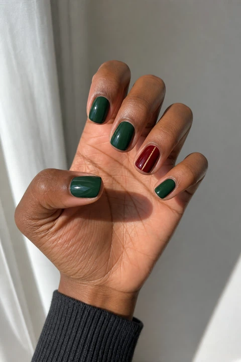 Glossy winter green gel short squoval nails with a burgundy accent nail and fine gold detail on a medium-deep brown skin tone, shown on one upright hand with a charcoal cuff and connected short wrist
