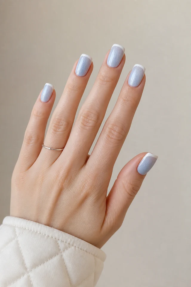 Icy pale blue glossy medium square winter nails with white micro-French tips and silver shimmer on fair skin, shown in a relaxed open diagonal hand pose with an ivory quilted cuff and short partial wrist