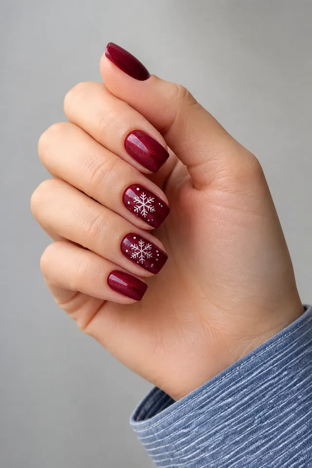 Deep cranberry glossy medium square winter nails with tiny white snowflake accents and silver shimmer on light skin, shown in a softly curled pose with a muted stripe cuff and short partial wrist