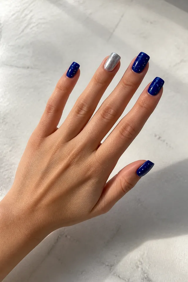 Deep cobalt blue glossy medium square winter nails with white snow dots and a silver accent nail on light olive skin, shown in a relaxed open fan with a connected short partial wrist