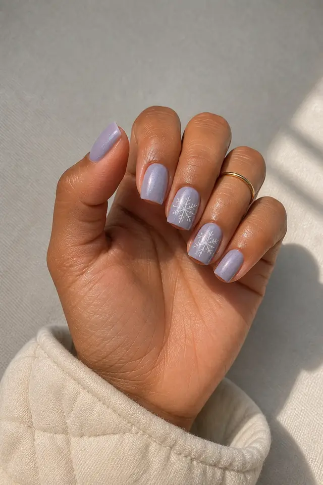 Icy lavender-gray glossy medium square nails with pearl shimmer and white snowflake lines on medium warm brown skin, shown in a softly curled fingertip-rest pose with a beige quilted cuff