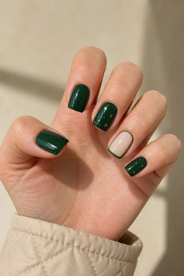 Deep evergreen glossy medium square winter nails with champagne star dots and a creamy accent nail on fair rosy beige skin, shown in a palm-and-knuckle angle with an ivory quilted cuff
