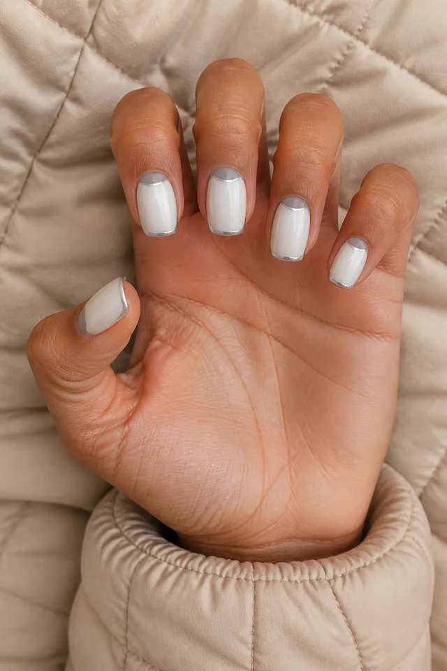 Milky white glossy medium square nails with cool gray half-moon bases and icy silver edging on medium tan golden skin, shown in a palm-up open fan over beige quilted textile