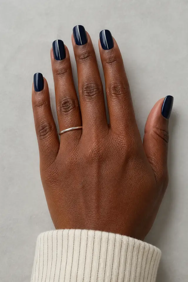 Inky navy glossy medium square nails with fine platinum vertical accents on deep espresso brown skin, shown in an edge-on side pose with a cream stripe cuff and one plain silver ring
