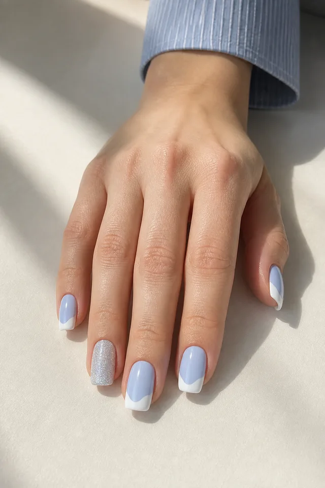 Pale icy blue glossy medium square nails with white snow-drift French tips and a silver glitter accent on light neutral beige skin, shown in a palm-down fingertip-rest pose with a blue-gray cuff