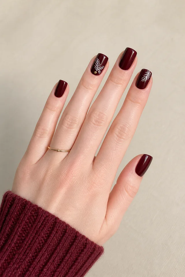 Deep burgundy glossy medium square nails with white pine sprigs and a gold dot on very fair cool pink skin, shown in a palm-down diagonal pose with a cranberry knit cuff and tiny gold ring