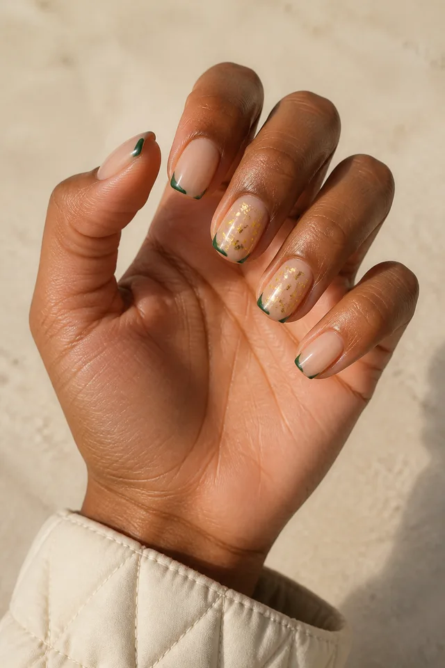 Warm champagne nude glossy medium square nails with forest-green corner French tips and gold foil on medium-deep brown skin, shown in a knuckle-forward three-quarter pose with a cream quilted cuff